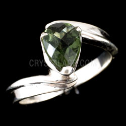 Moldavite Crystal Faceted Teardrop in Styled Silver Ring