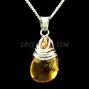 Silver Wrapped Teardrop Amber Pendant